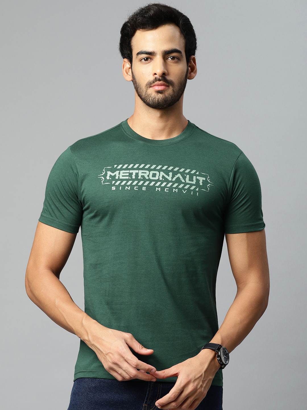 

Metronaut Men Green & Grey Brand Logo Printed T-shirt
