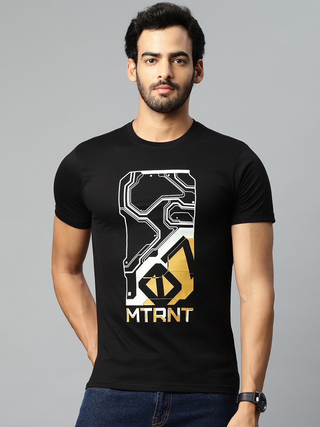 

Metronaut Men Black & White Brand Logo Printed T-shirt