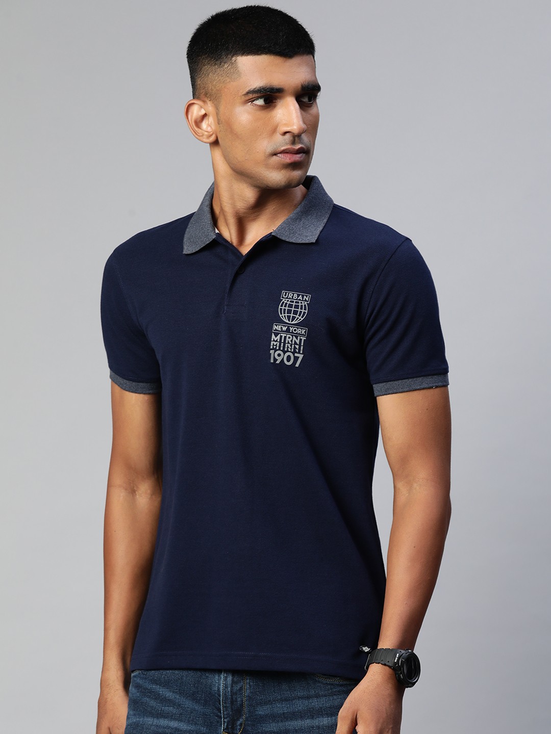 

Metronaut Men Navy Blue Brand Logo Printed Polo Collar T-shirt