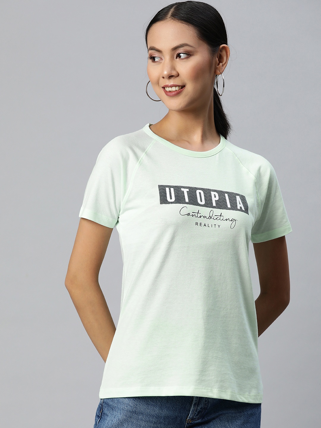 

Metronaut Women Sage Green & Black Typography Printed T-shirt