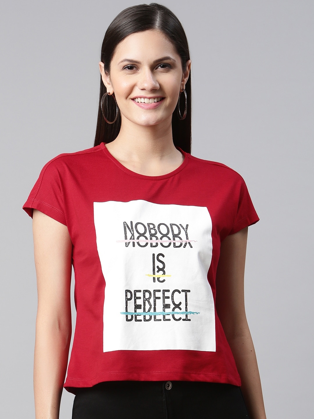 

Metronaut Women Red & White Typography Printed T-shirt