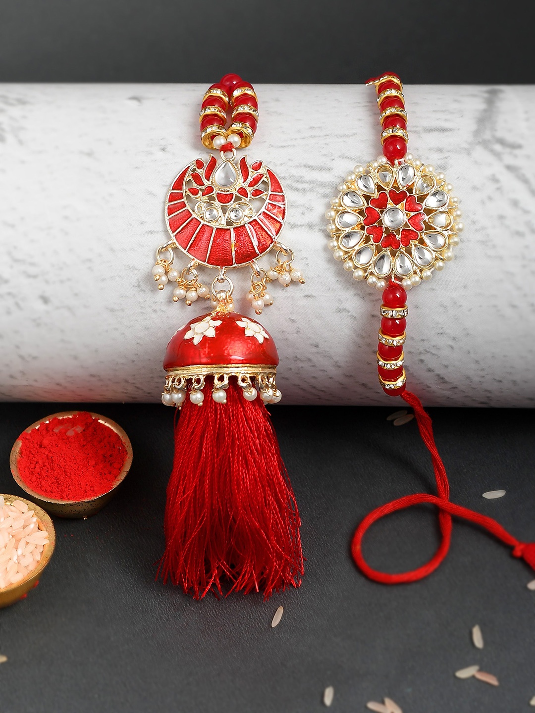

Shoshaa Unisex Red Kundan Studded Bhai Bhabhi Rakhi Lumba Set