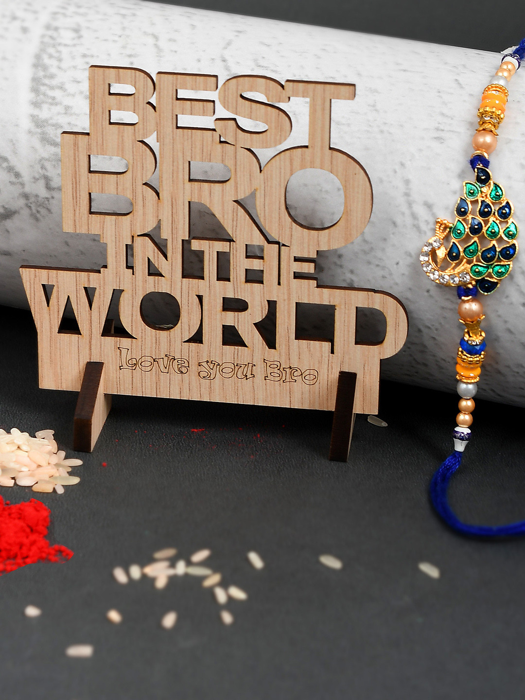 

Shoshaa Blue & Yellow Beaded Rakhi with , BEST BRO Trophy Gift Set