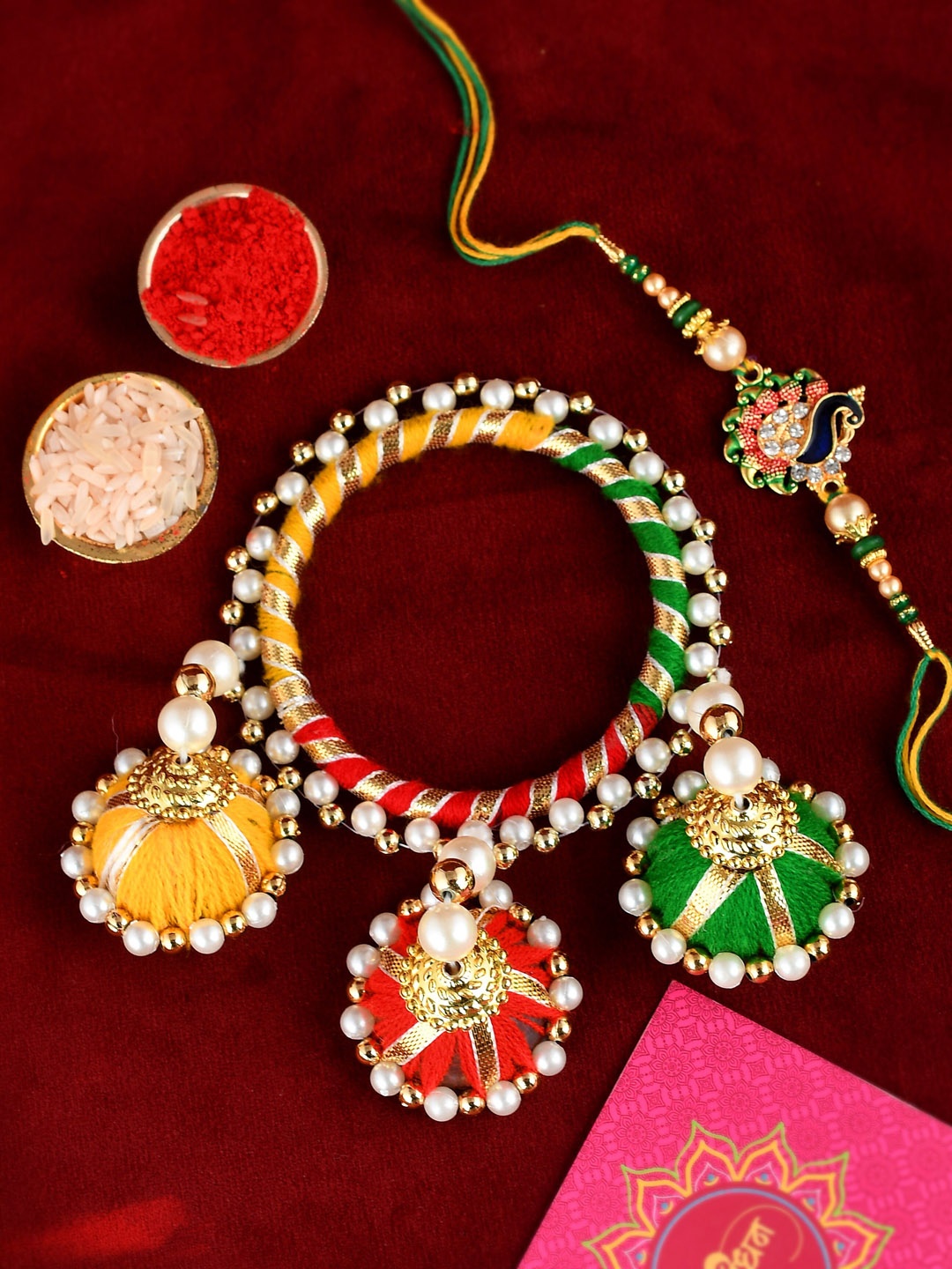 

Shoshaa Set of 2 Multicolored Bangle Lumba Bhai Bhabhi Rakhi with Roli Chawal, Multi