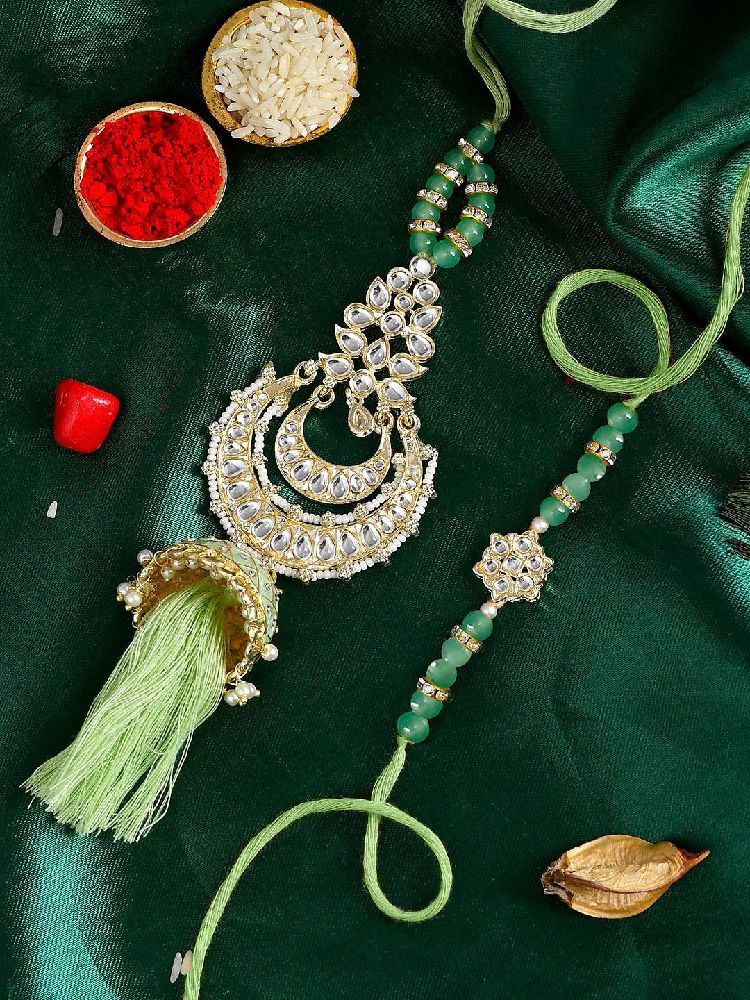 

Shoshaa Set Of 2 Kundan Pearl Bhai & Bhabhi Rakhi & Lumba With Roli Chawal, Lime green