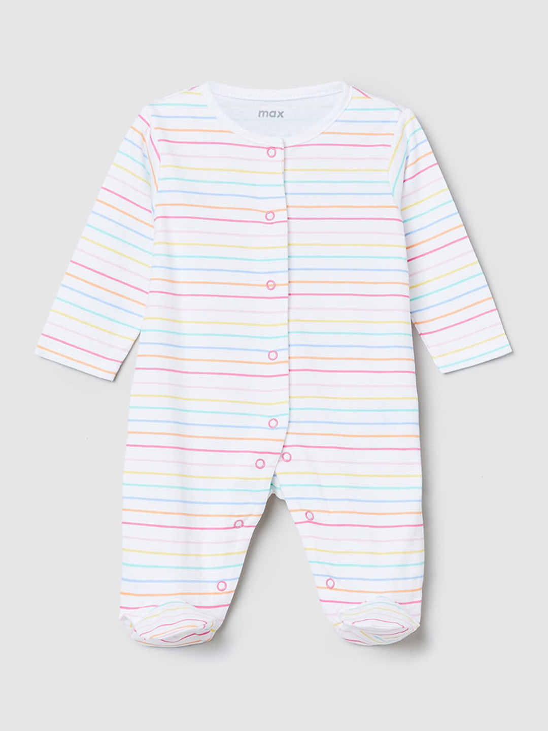 

max Girls White & Pink Striped Pure Cotton Sleepsuit