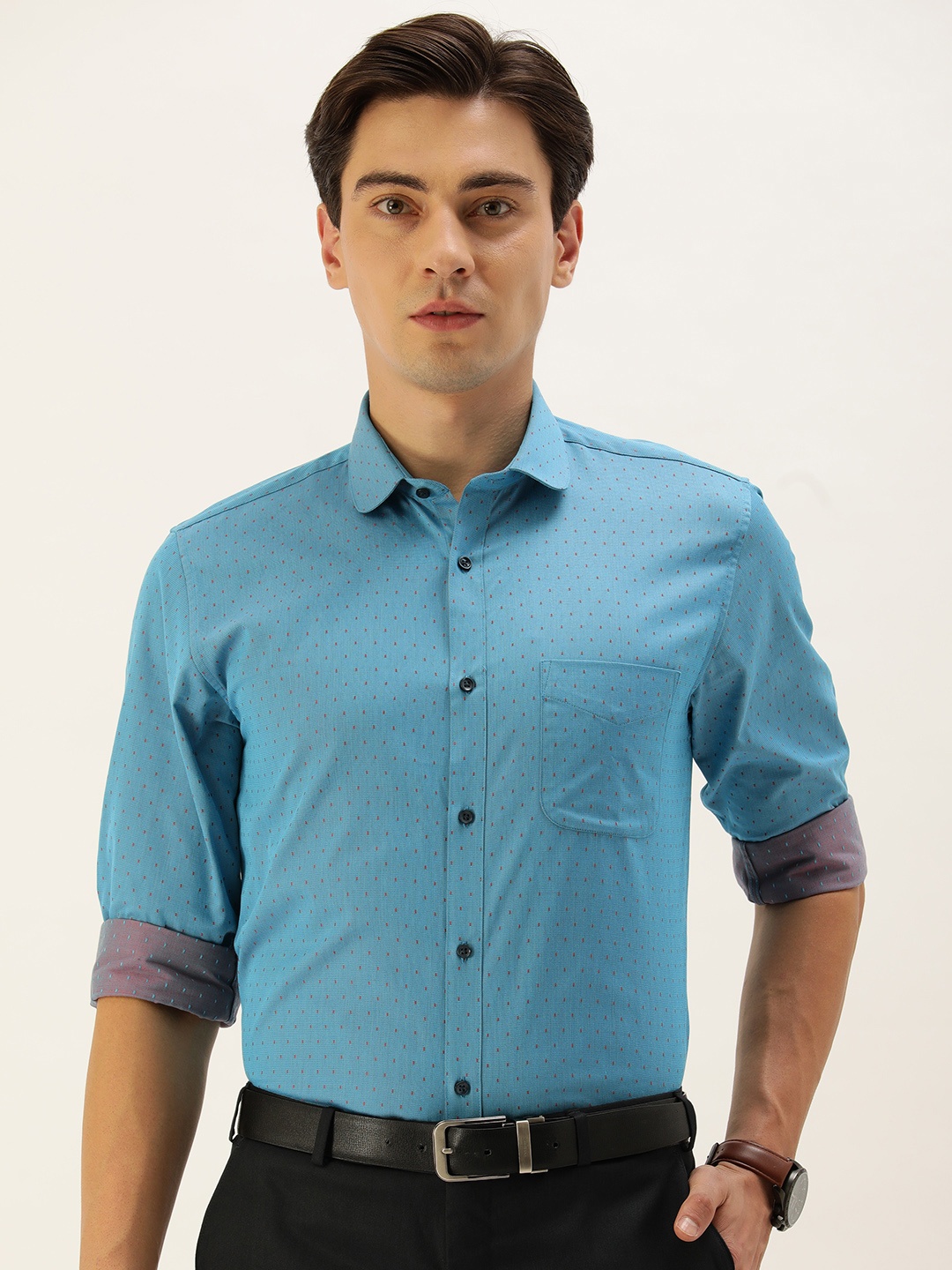 

Peter England Men Turquoise Blue Slim Fit Micro Ditsy Printed Formal Shirt
