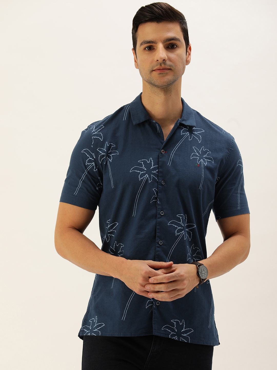 

Peter England Men Navy Blue Slim Fit Tropical Printed Pure Cotton Casual Shirt