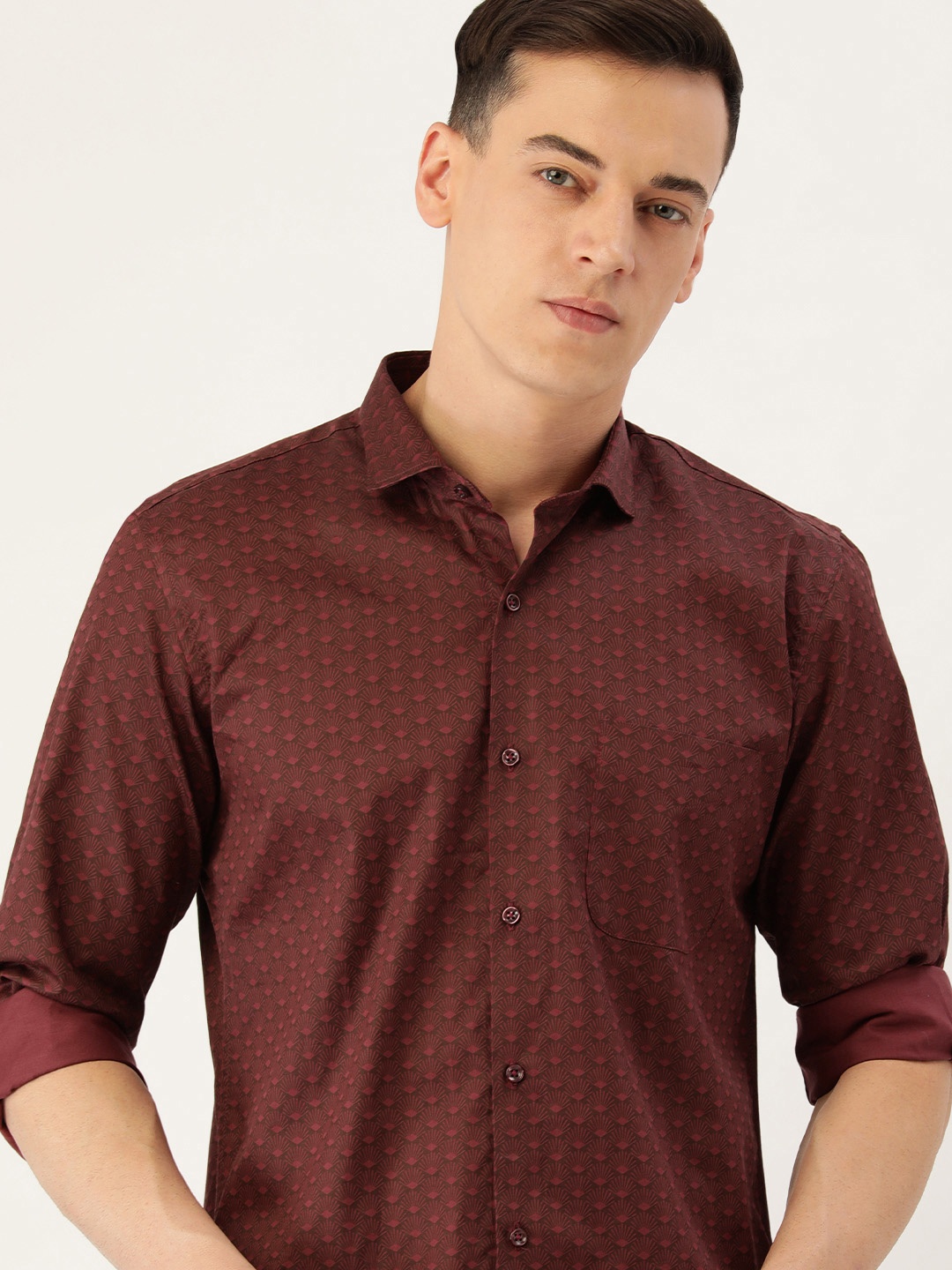 

Peter England Men Pure Cotton Slim Fit Opaque Printed Formal Shirt, Maroon