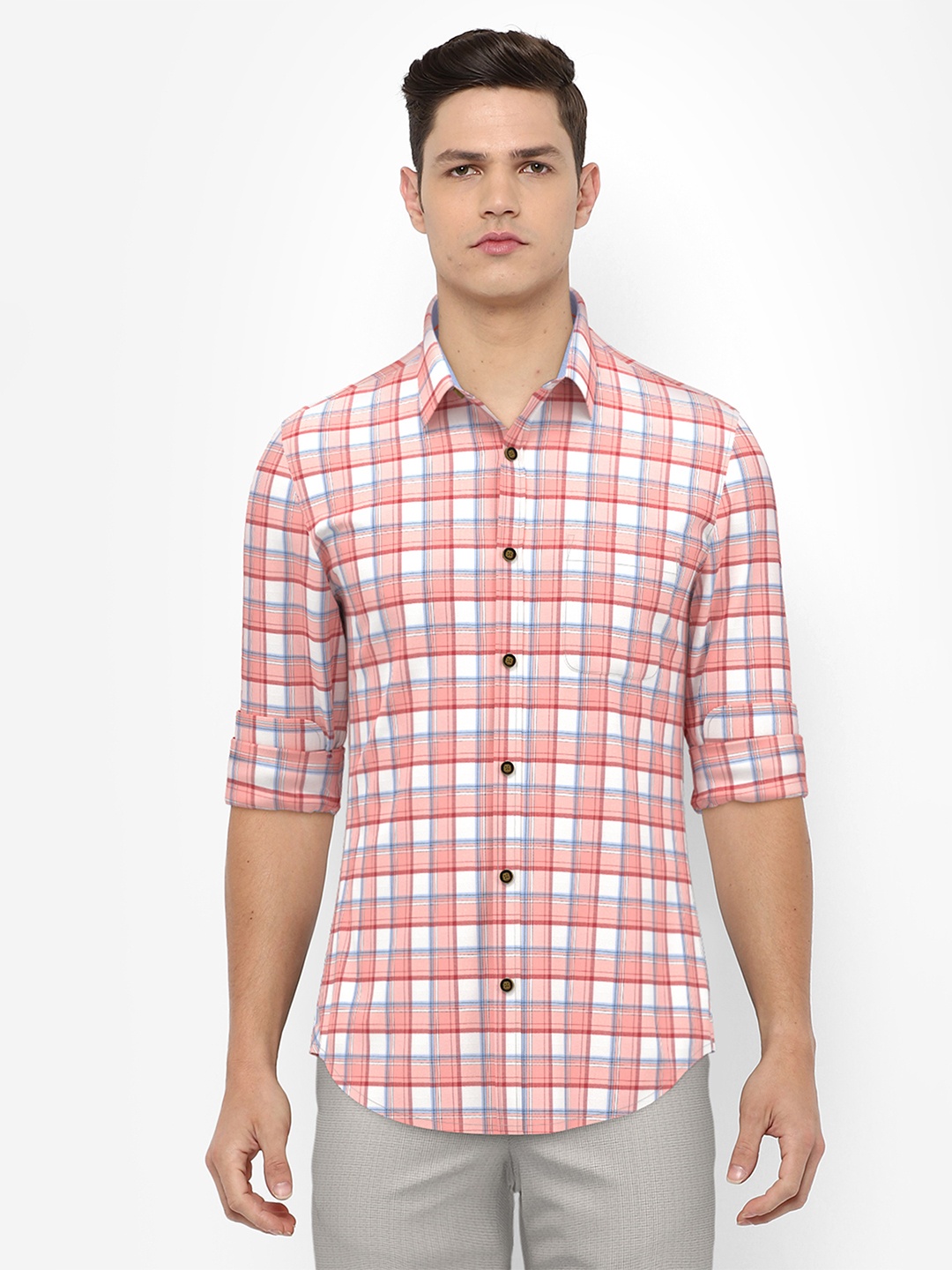 

Peter England Men Pink & White Slim Fit Checked Pure Cotton Casual Shirt