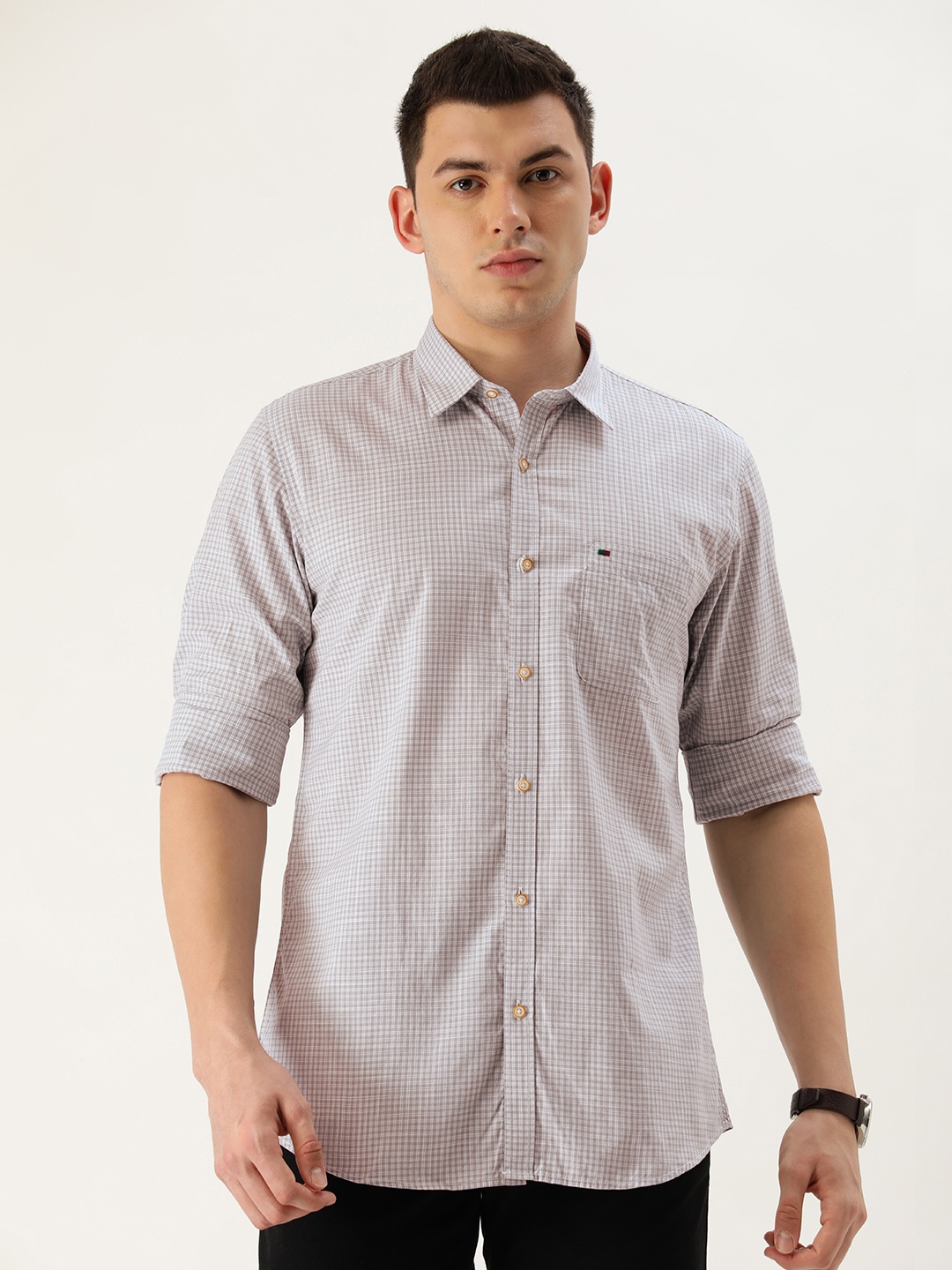 

Peter England Men Charcoal Checked Slim Fit Pure Cotton Casual Shirt