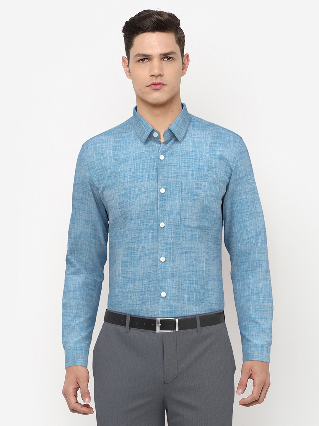 

Peter England Men Blue & White Self-Design Slim Fit Pure Cotton Formal Shirt