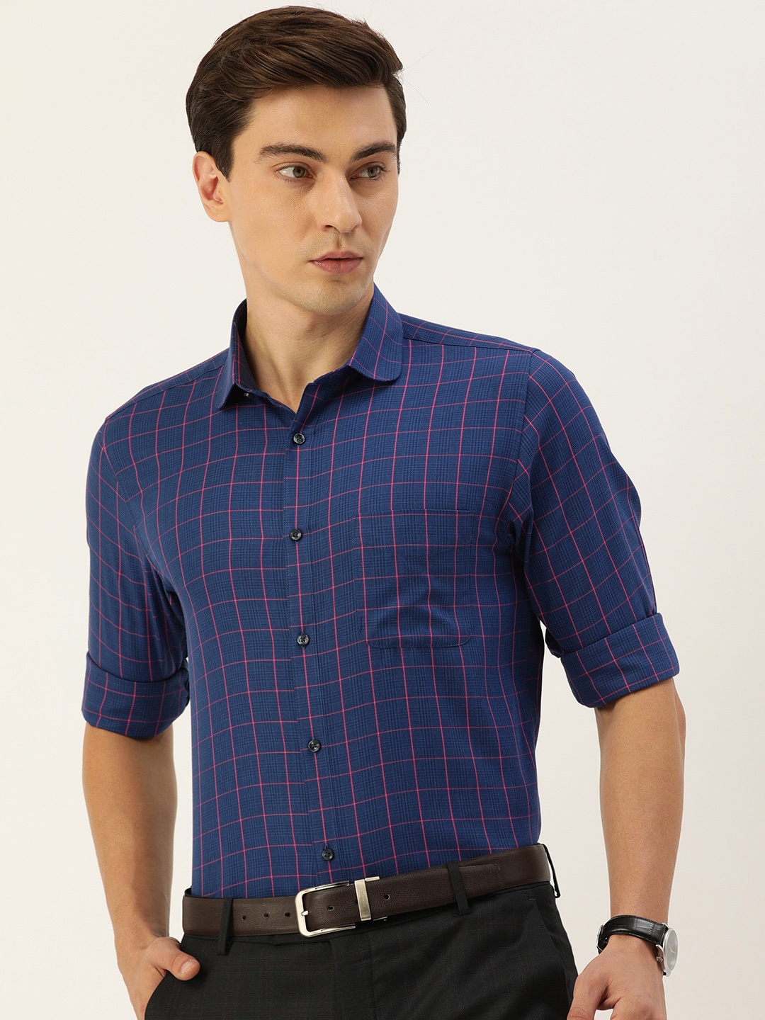 

Peter England Men Navy Blue & Pink Slim Fit Checked Formal Shirt