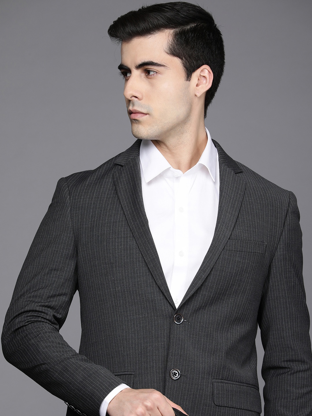 

Louis Philippe Men Charcoal Black & White Striped Slim-Fit Single-Breasted Formal Blazer