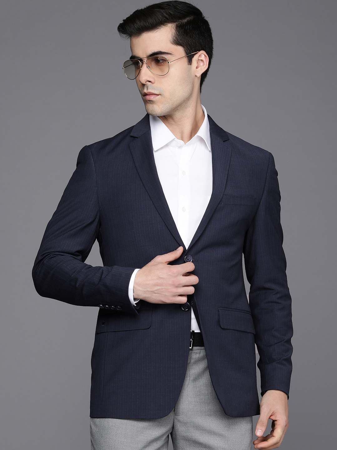 

Louis Philippe Men Navy Blue Self-Striped Slim Fit Formal Blazer