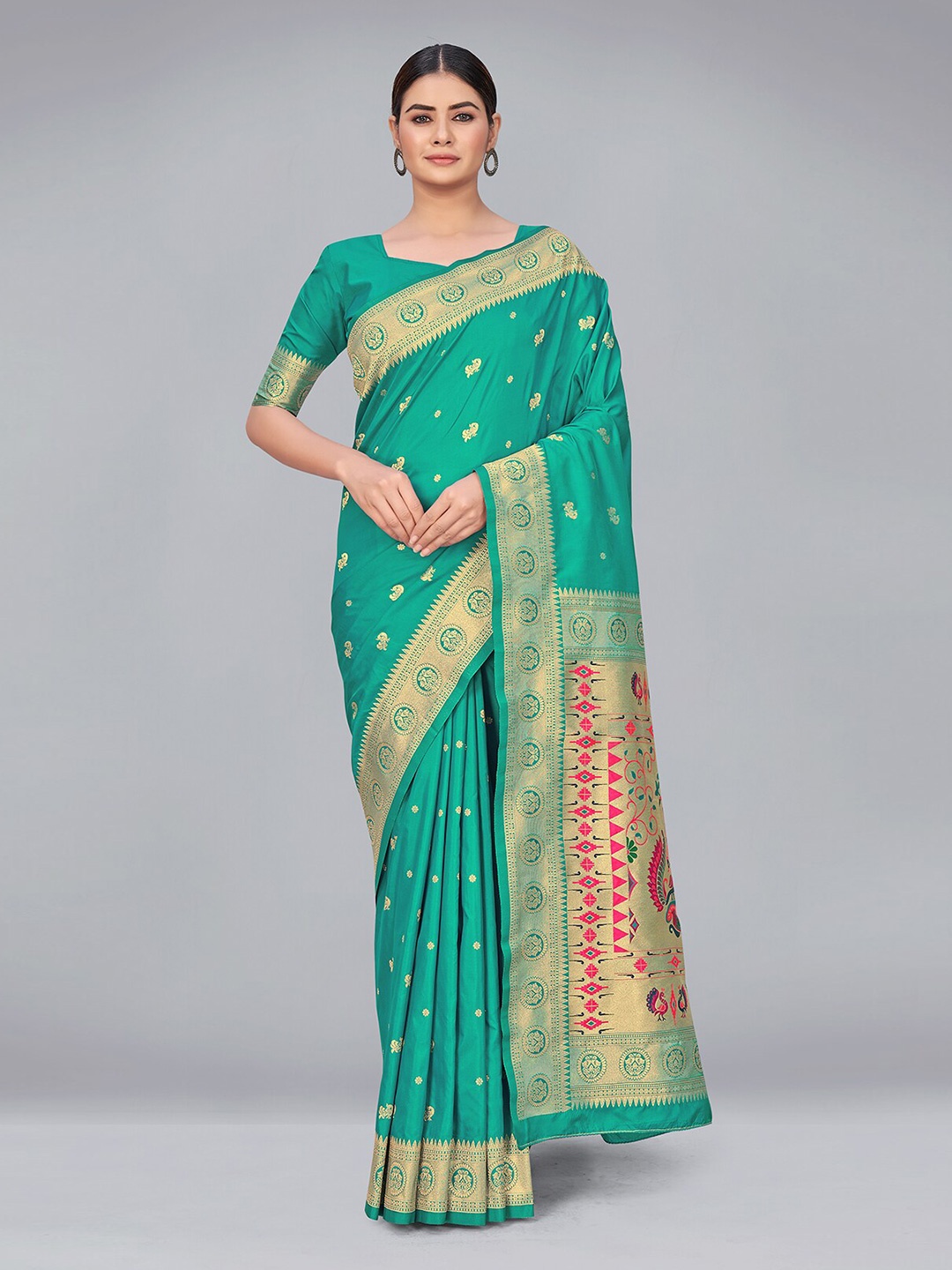 

MONJOLIKA FASHION Teal & Red Woven Design Zari Silk Blend Banarasi Saree