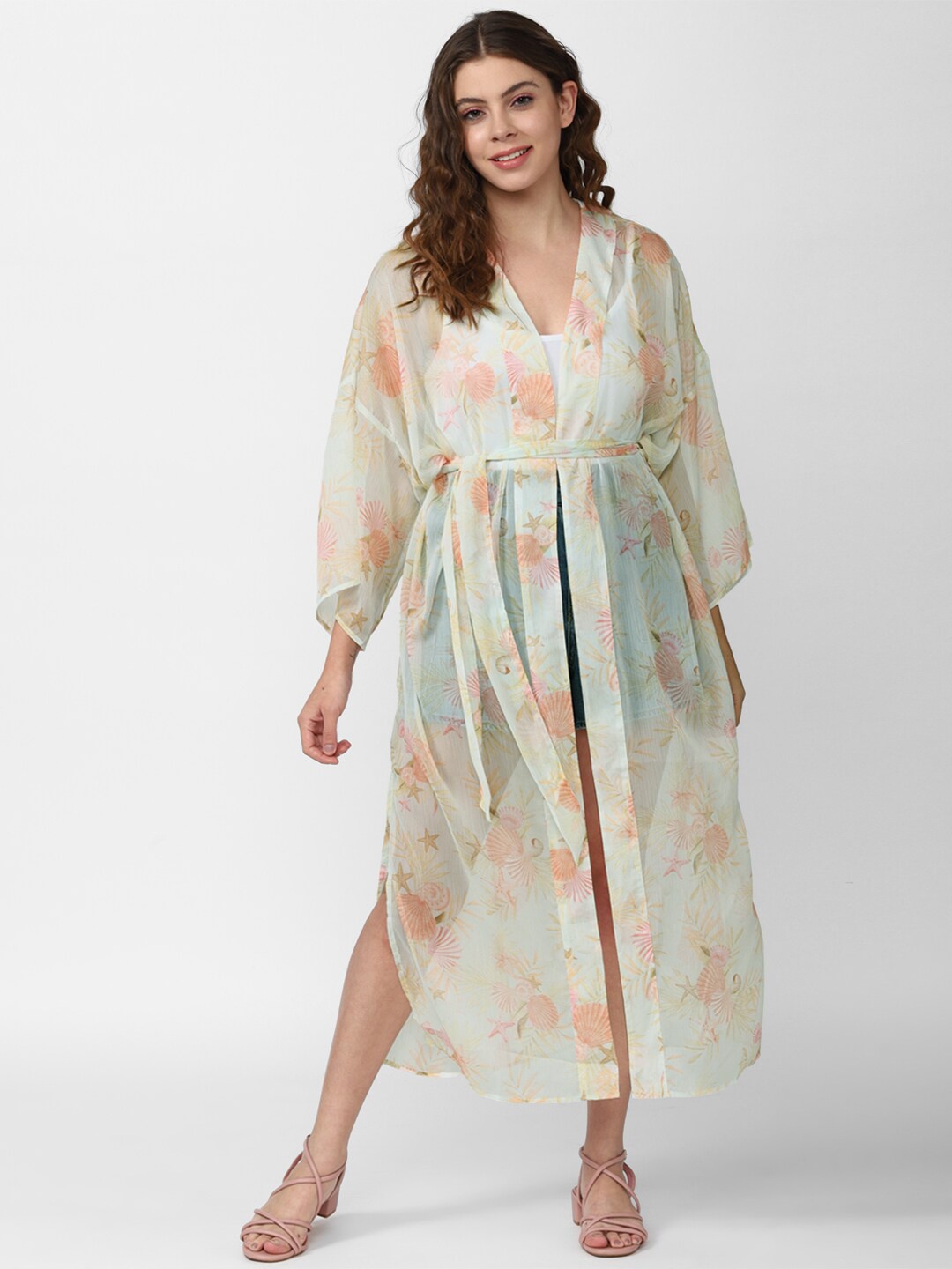 

FOREVER 21 Women Cream-Coloured & Green Printed Longline Shrug