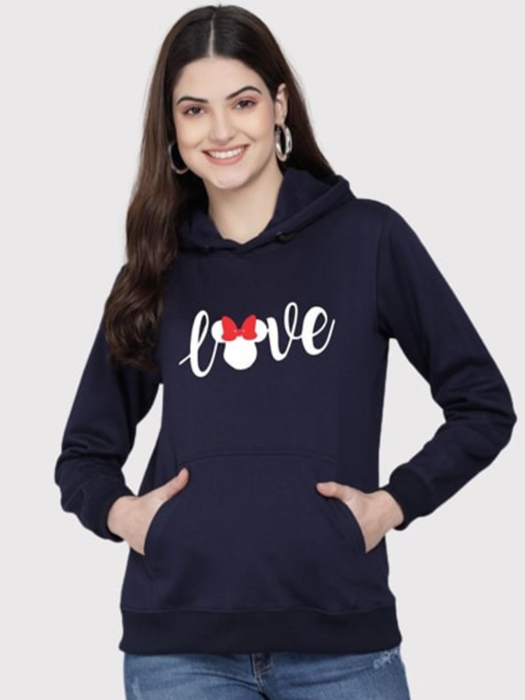 

PockMAN Women Blue Printed Hooded Sweatshirt