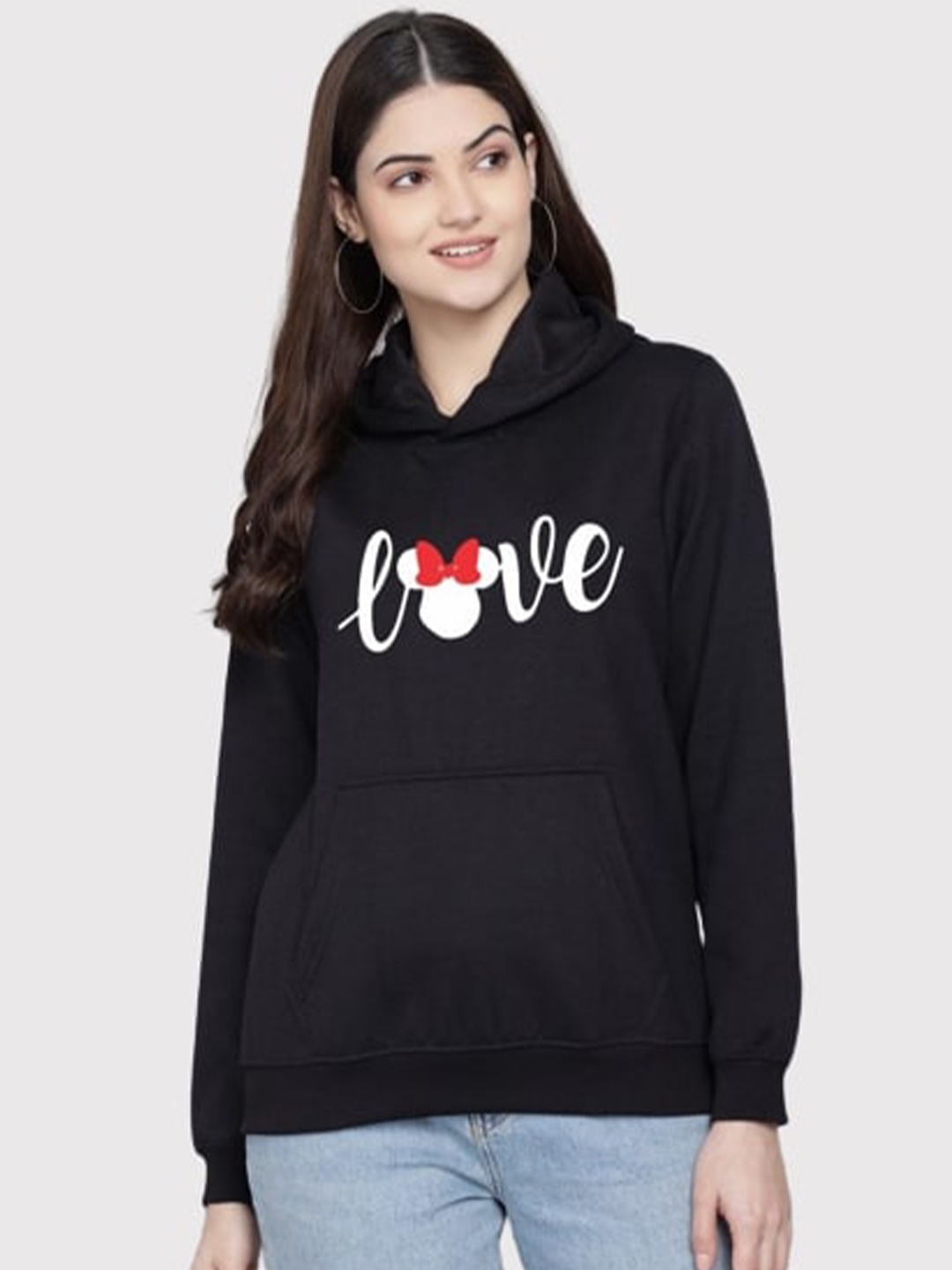 

PockMAN Women Black Printed Hooded Sweatshirt