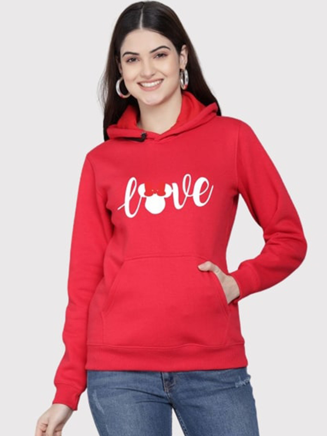 

PockMAN Women Red Printed Hooded Sweatshirt