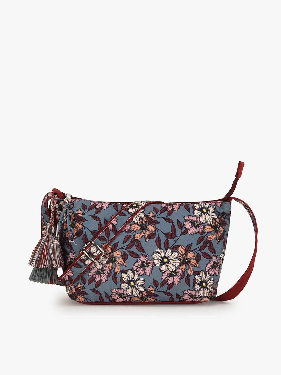 

Anekaant Grey Floral Printed Structured Sling Bag with Tasselled