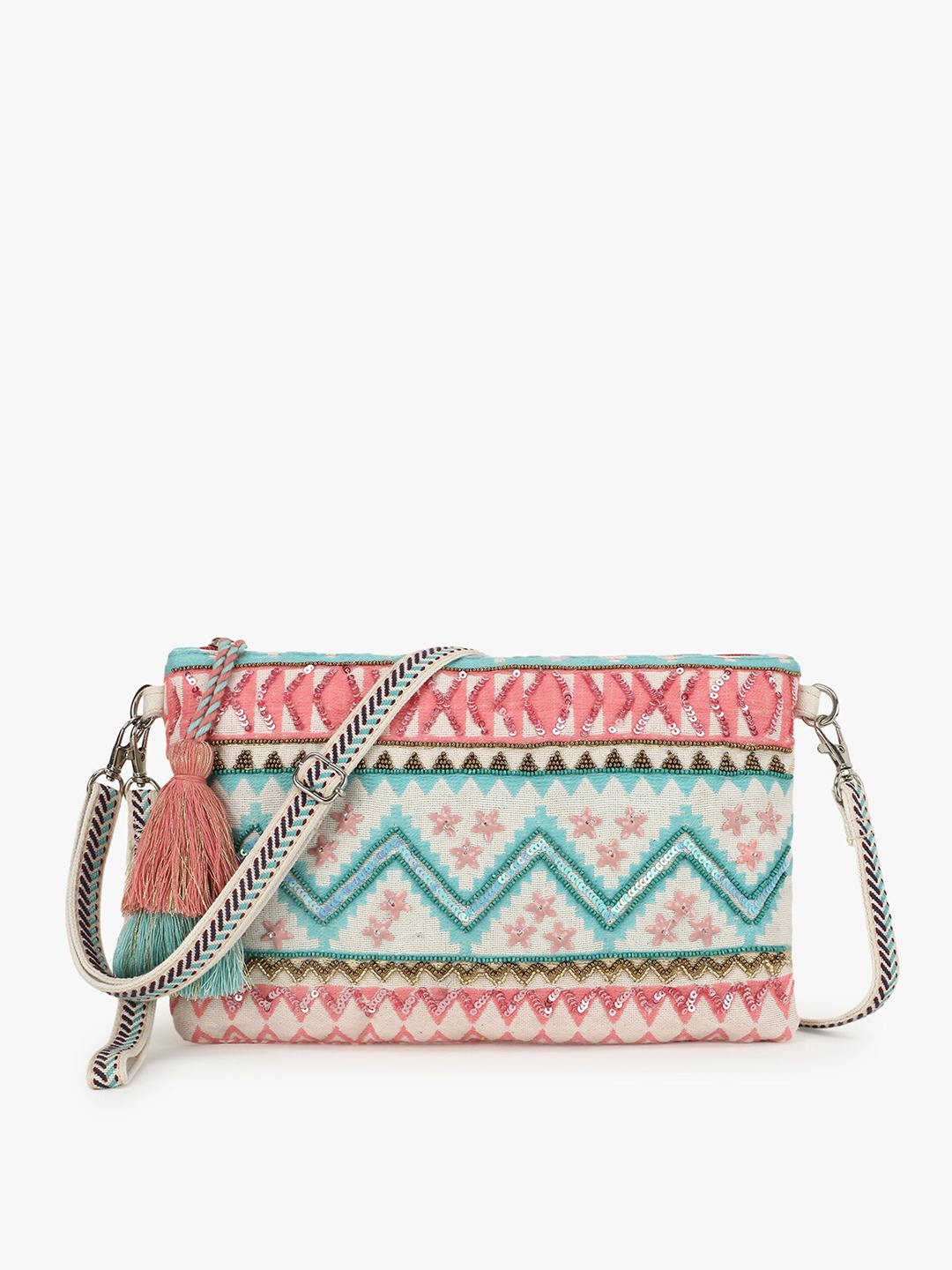 

Anekaant Off White Geometric Structured Sling Bag with Tasselled