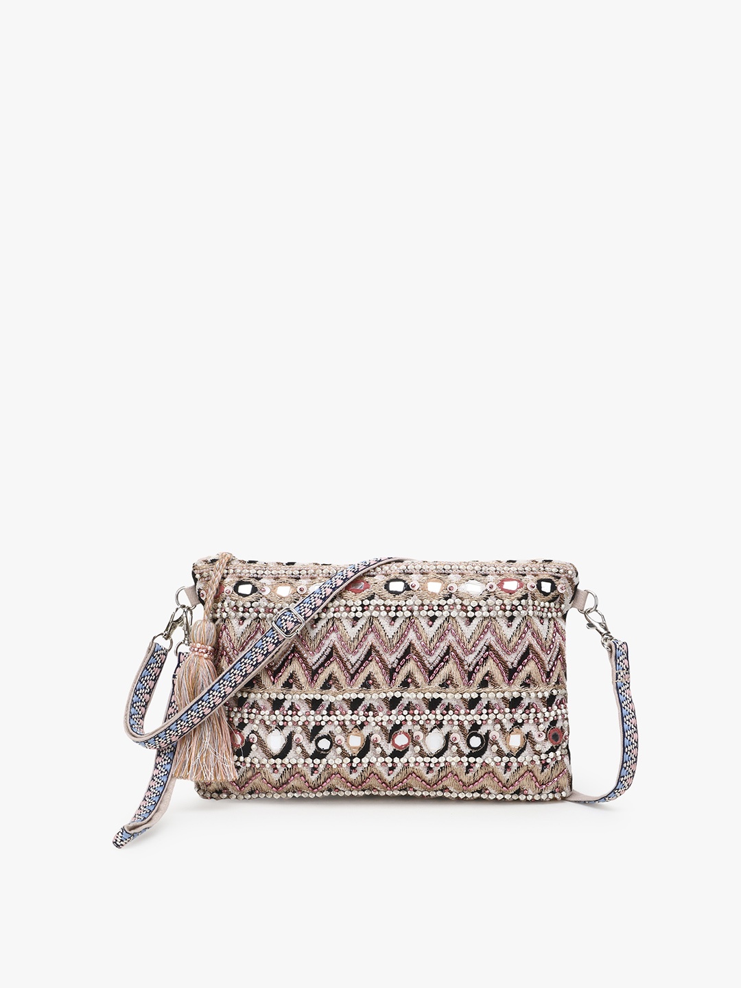 

Anekaant Champagne Geometric Embellished Structured Sling Bag with Tasselled