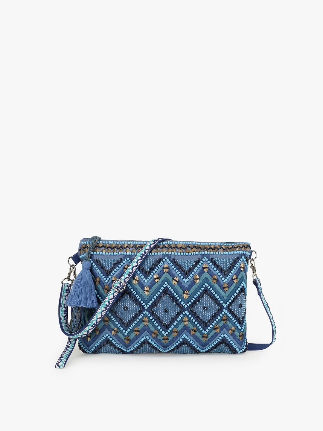 

Anekaant Blue Embellished Structured Sling Bag with Tasselled