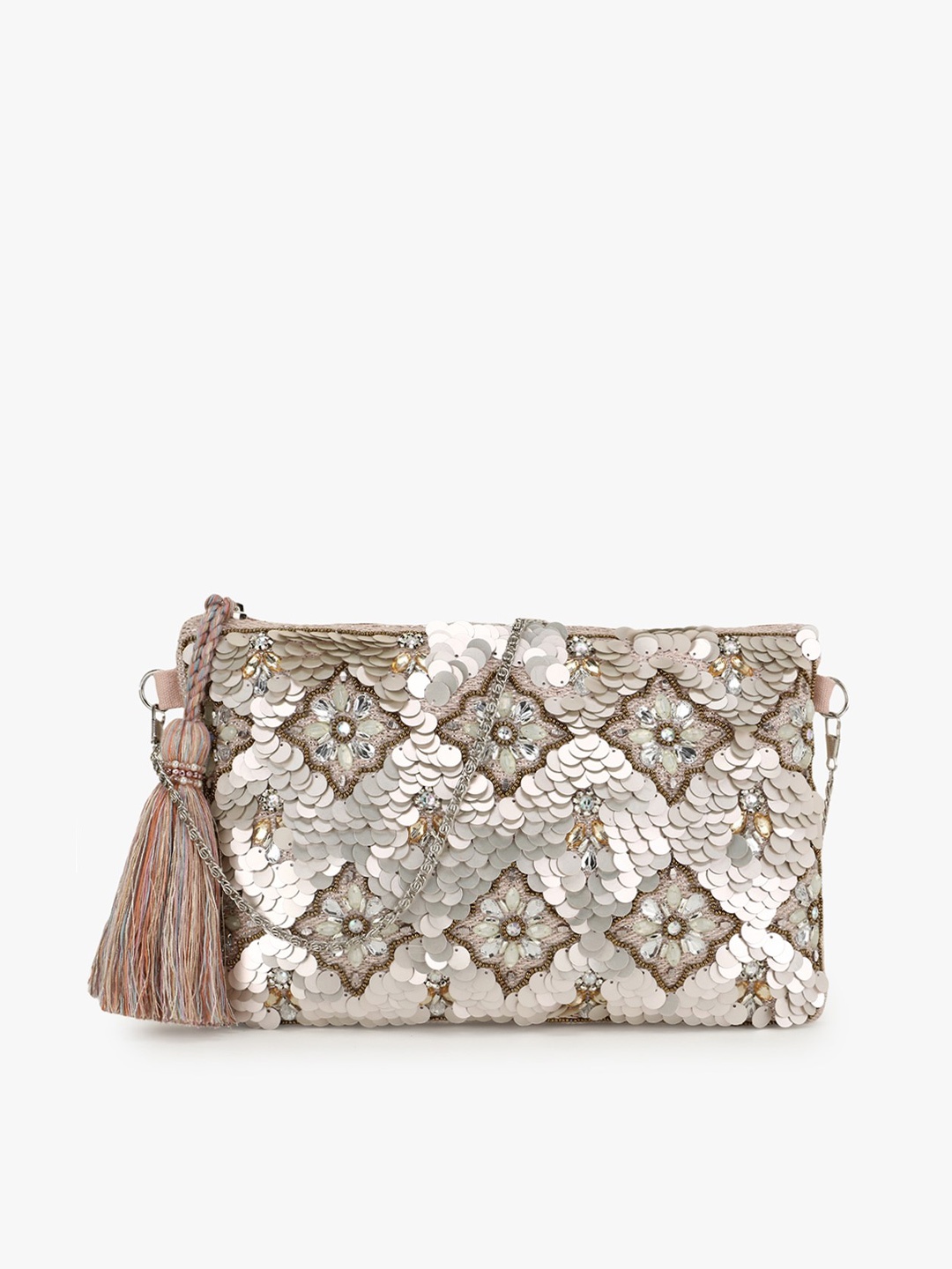 

Anekaant Pink Embellished Structured Sling Bag with Tasselled