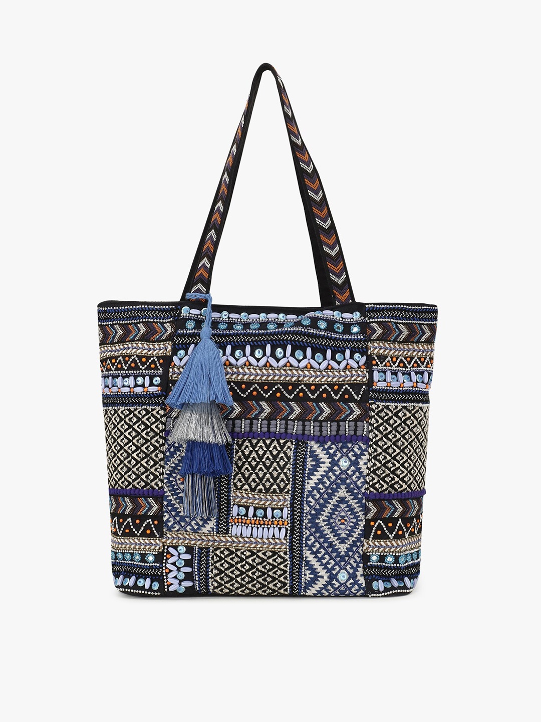 

Anekaant Navy Blue Geometric Embellished Shopper Tote Bag with Tasselled