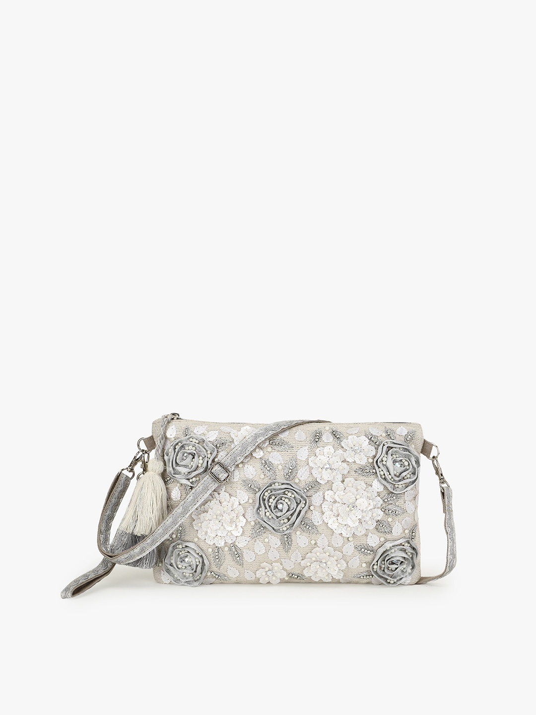 

Anekaant Cream-Coloured Floral Embellished Structured Sling Bag with Tasselled