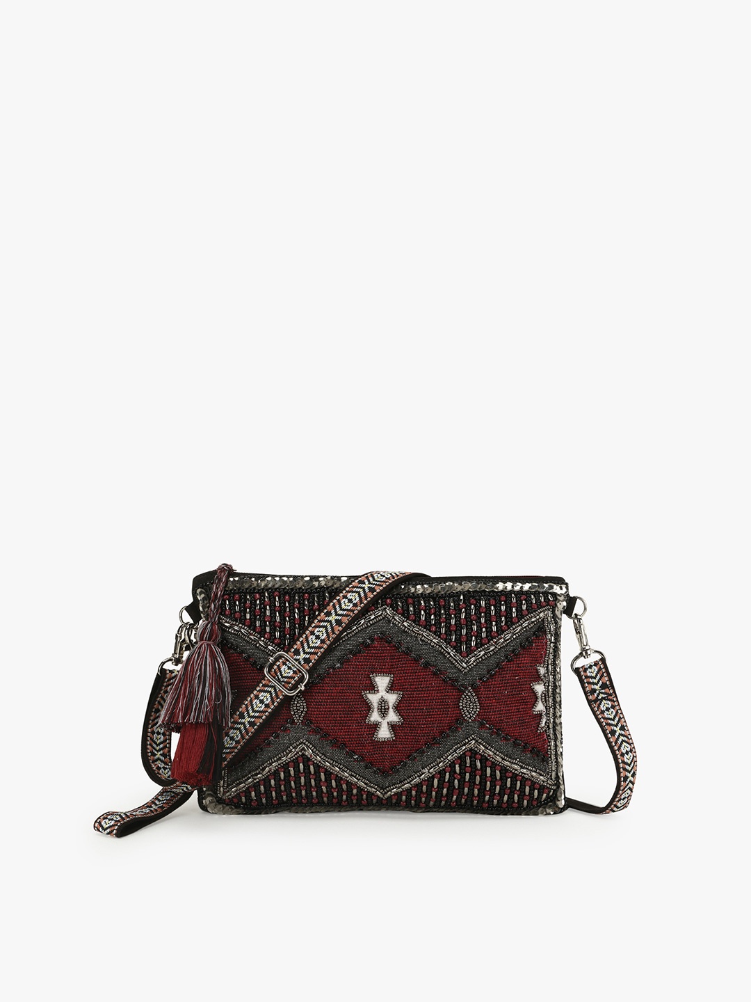 

Anekaant Black Geometric Embellished Structured Sling Bag with Tasselled