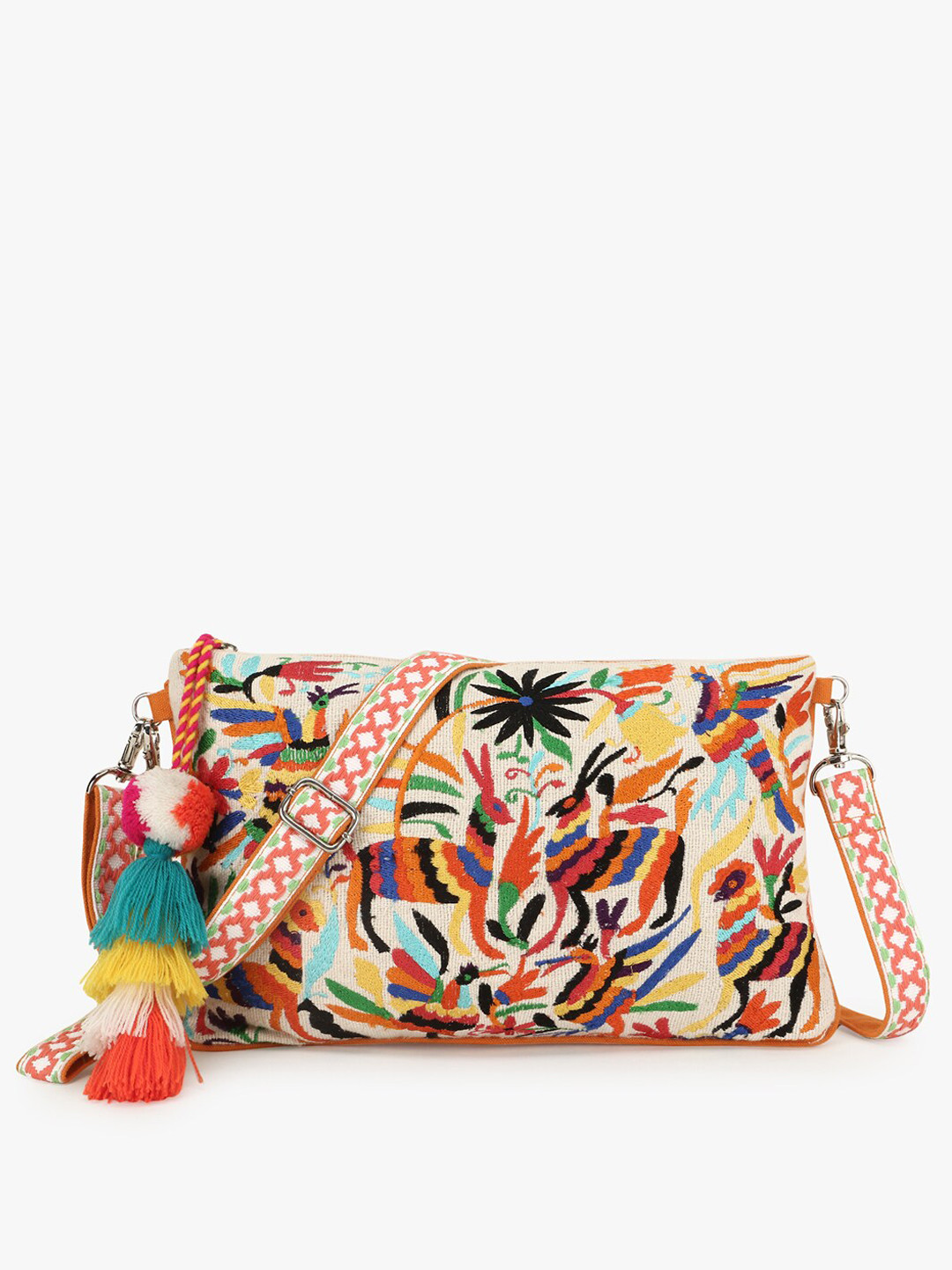 

Anekaant Off White Floral Structured Sling Bag with Tasselled