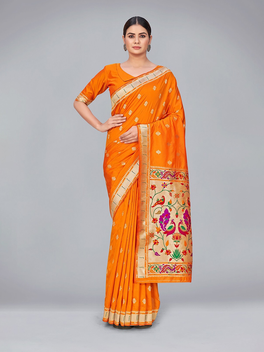 

MONJOLIKA FASHION Orange & Gold-Toned Woven Design Zari Silk Blend Banarasi Saree