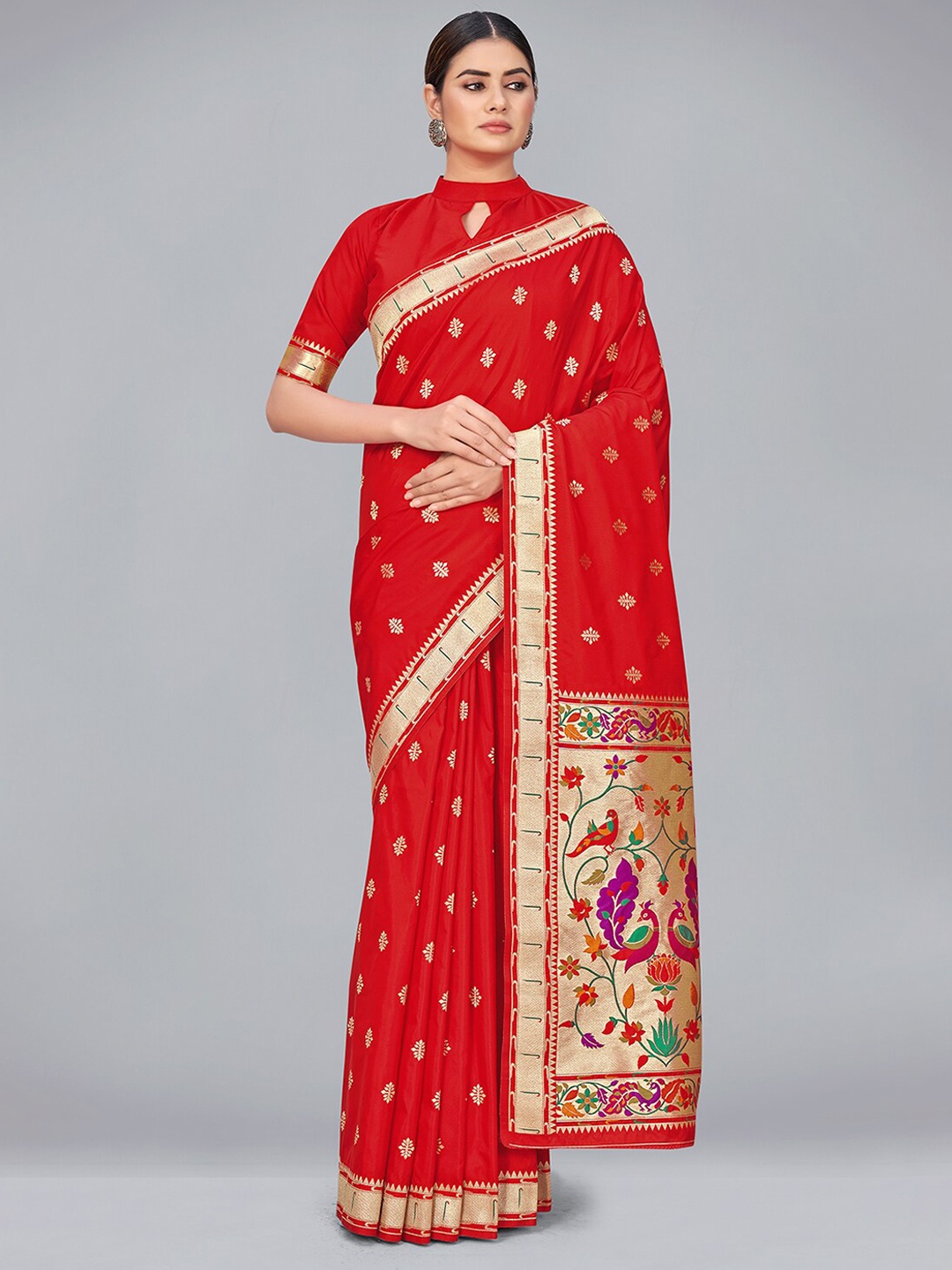 

MONJOLIKA FASHION Red & Gold-Toned Woven Design Zari Silk Blend Banarasi Saree