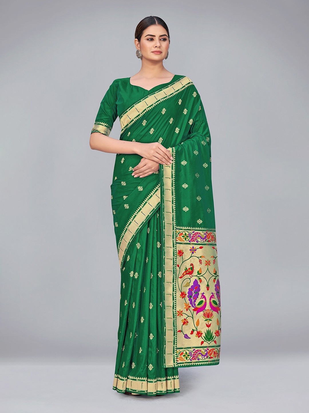 

MONJOLIKA FASHION Green & Purple Woven Design Zari Silk Blend Banarasi Saree