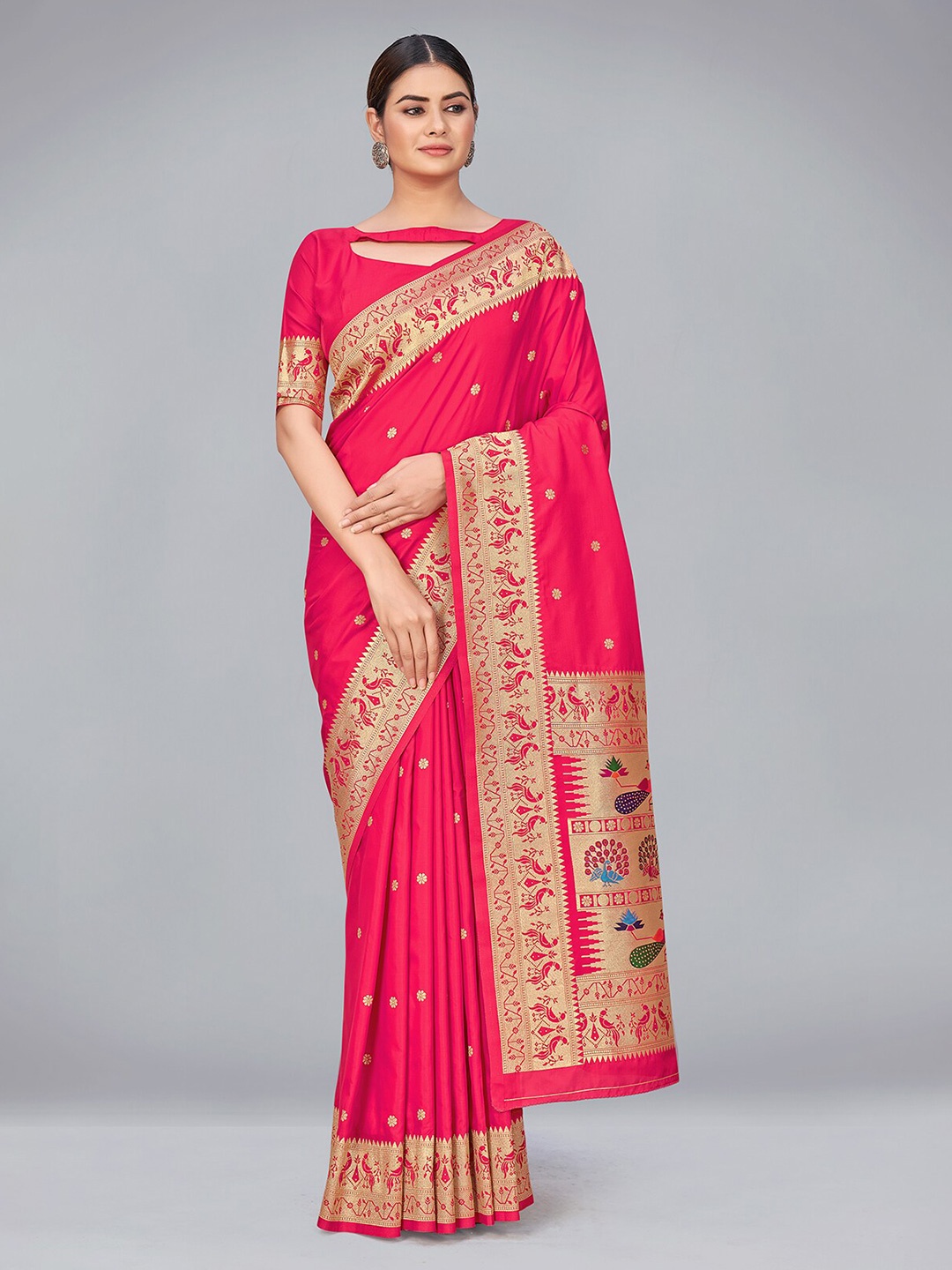 

MONJOLIKA FASHION Pink & Gold-Toned Woven Design Zari Silk Blend Banarasi Saree