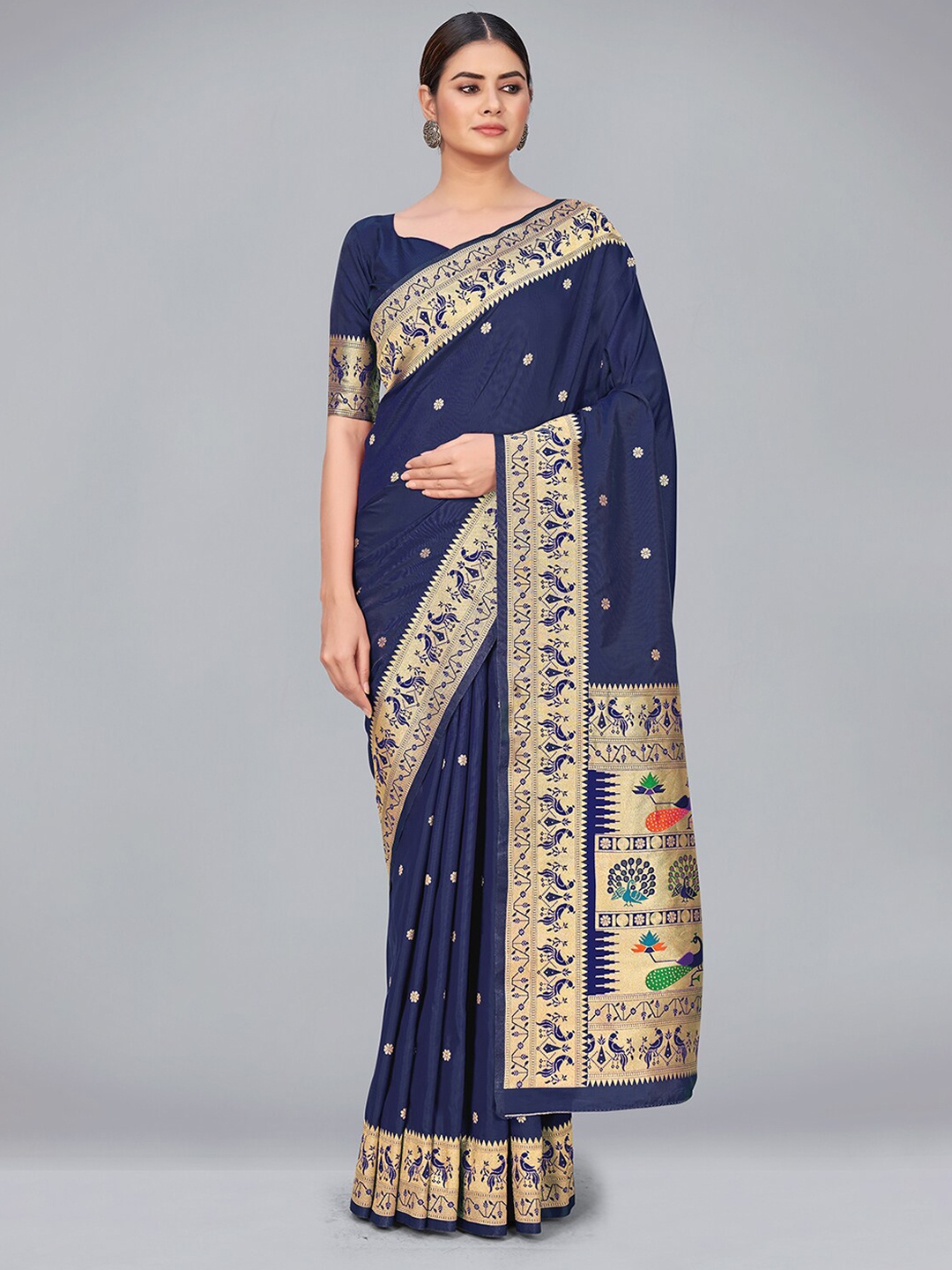 

MONJOLIKA FASHION Blue & Green Woven Design Zari Silk Blend Banarasi Saree