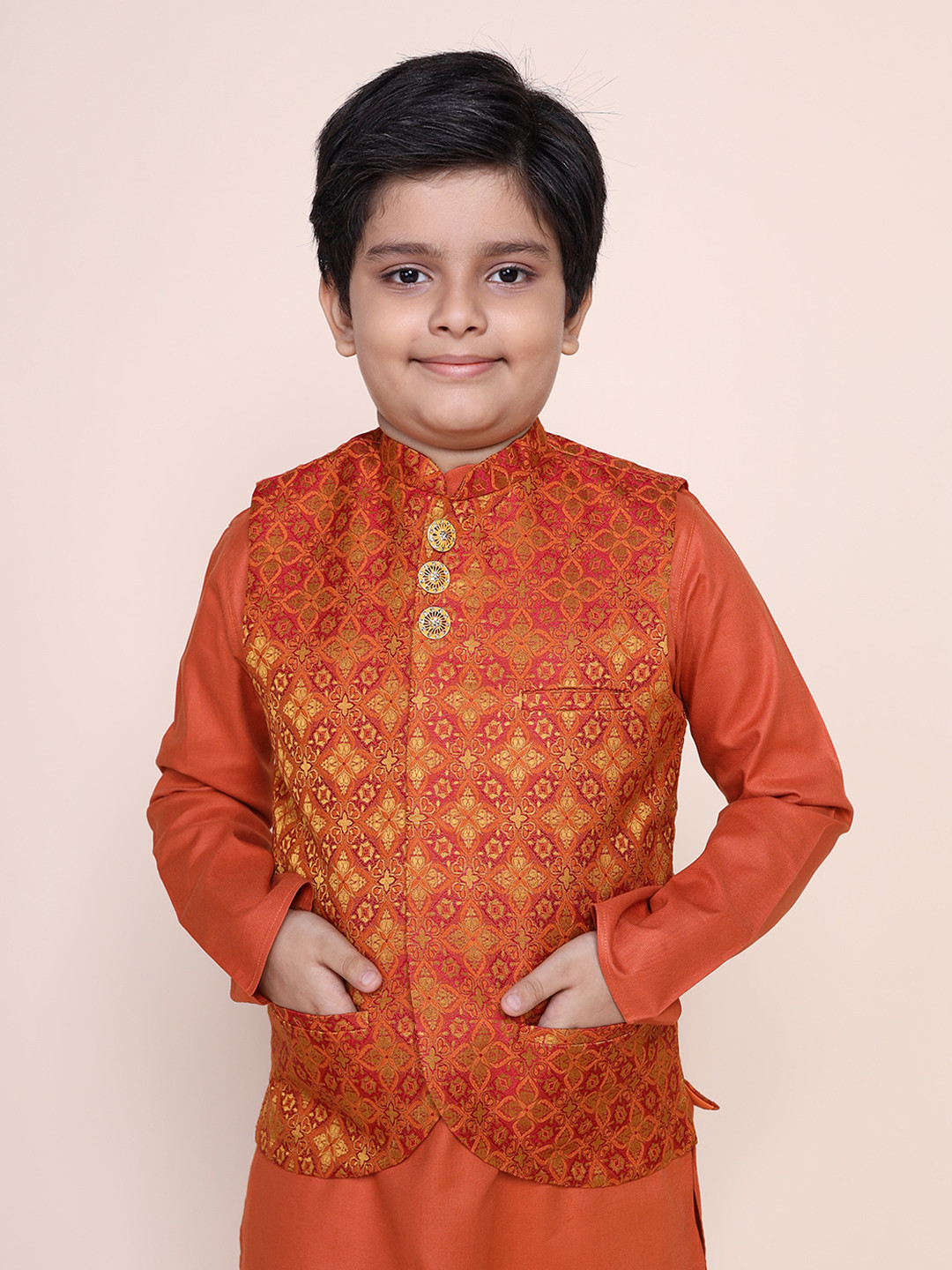 

NAMASKAR Boys Orange Woven Design Nehru Jacket