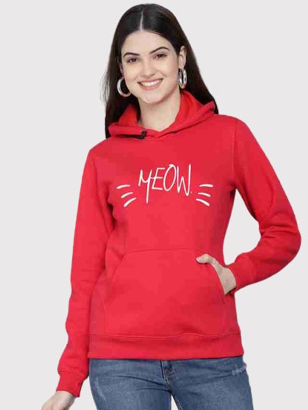 

PockMAN Women Red Printed Hooded Sweatshirt