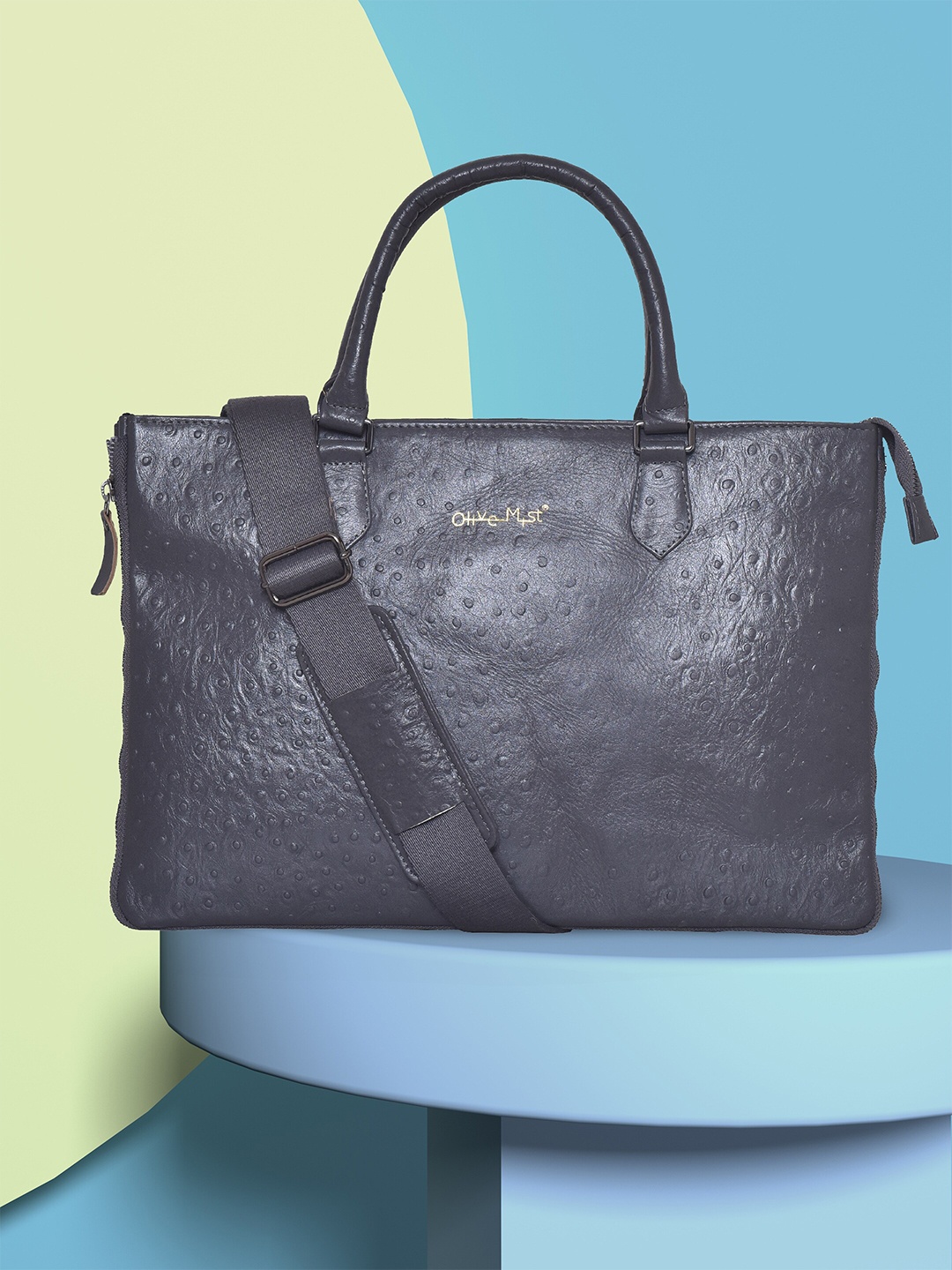 

OLIVE MIST Unisex Grey Textured Leather Laptop Bag