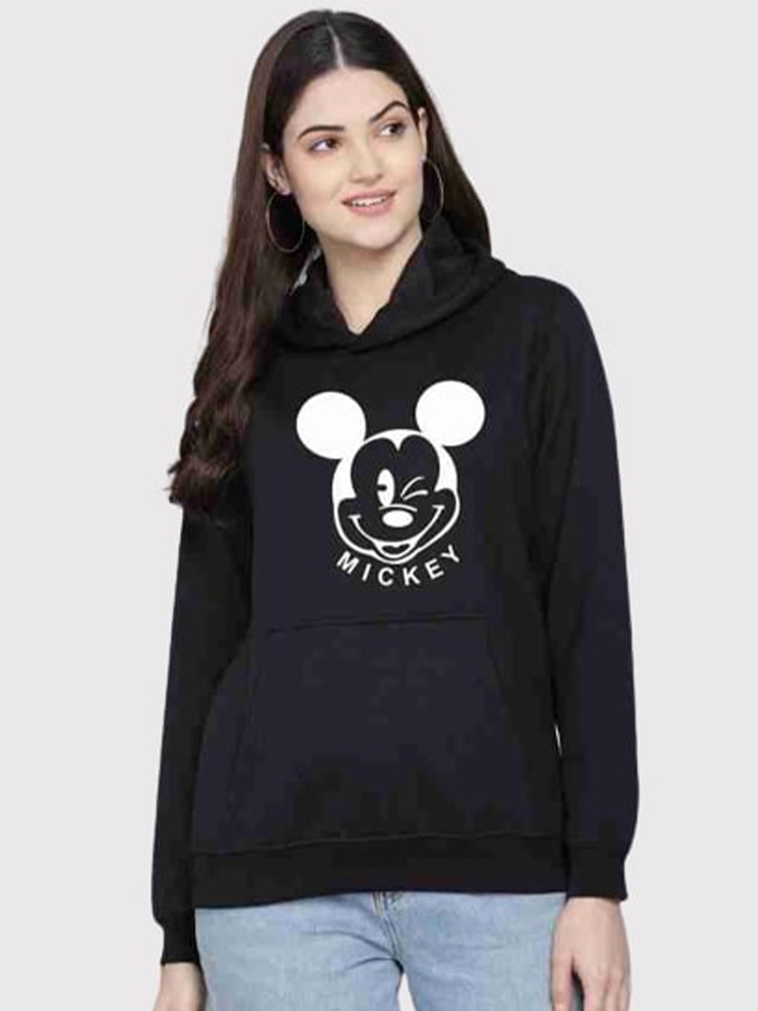 

PockMAN Women Black Printed Hooded Sweatshirt