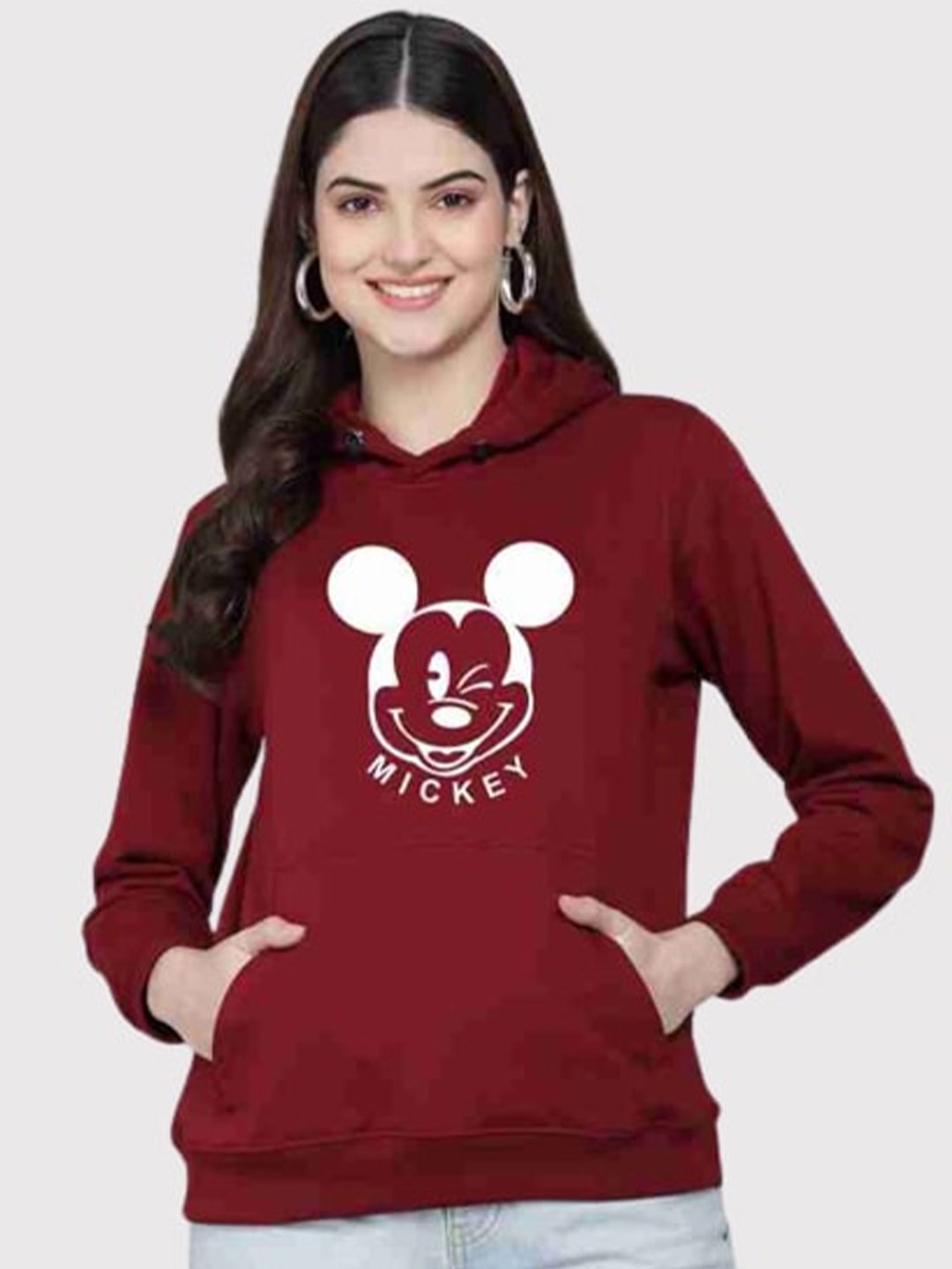

PockMAN Women Maroon Printed Hooded Sweatshirt