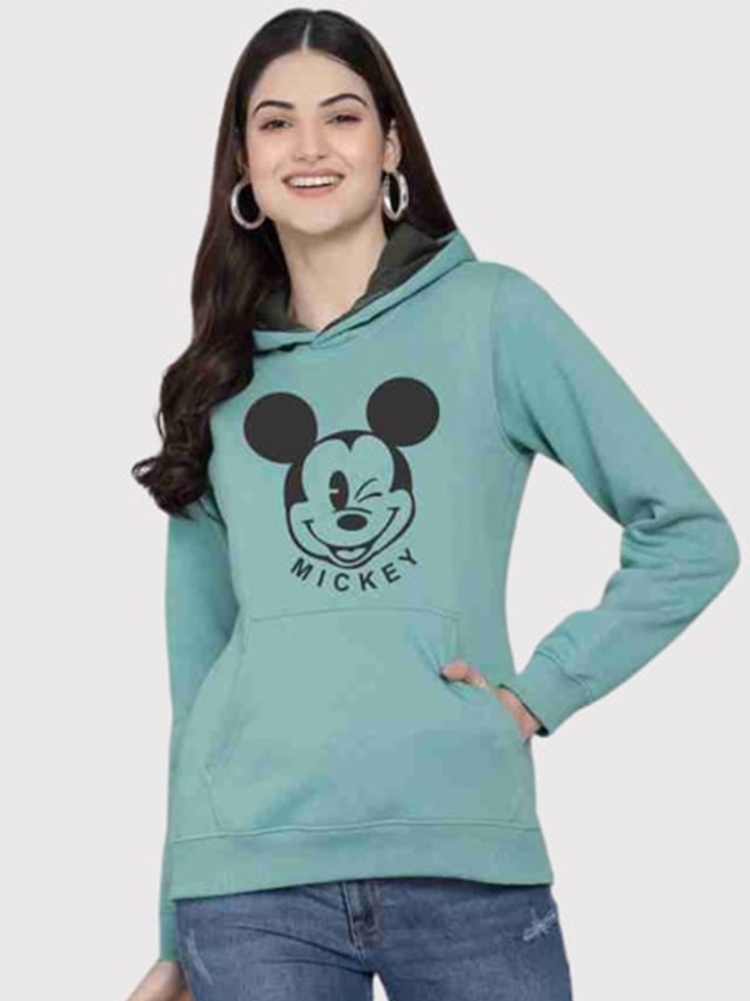 

PockMAN Women Green Printed Hooded Sweatshirt