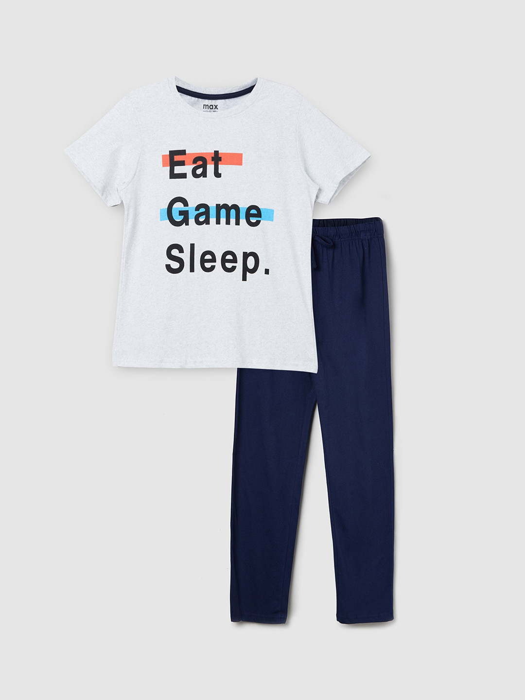 

max Boys White & Navy Blue Printed Pure Cotton T-shirt with Trousers