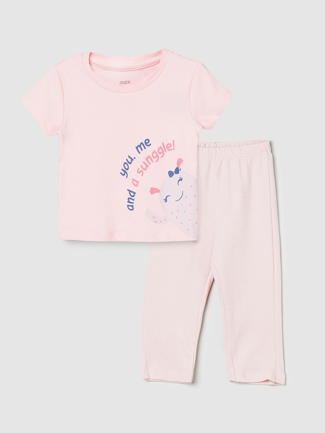 

max Girls Pink & Blue Printed T-shirt with Pyjamas