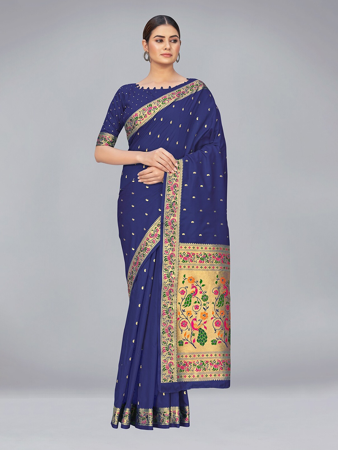 

MONJOLIKA FASHION Navy Blue & Red Woven Design Zari Silk Blend Banarasi Saree