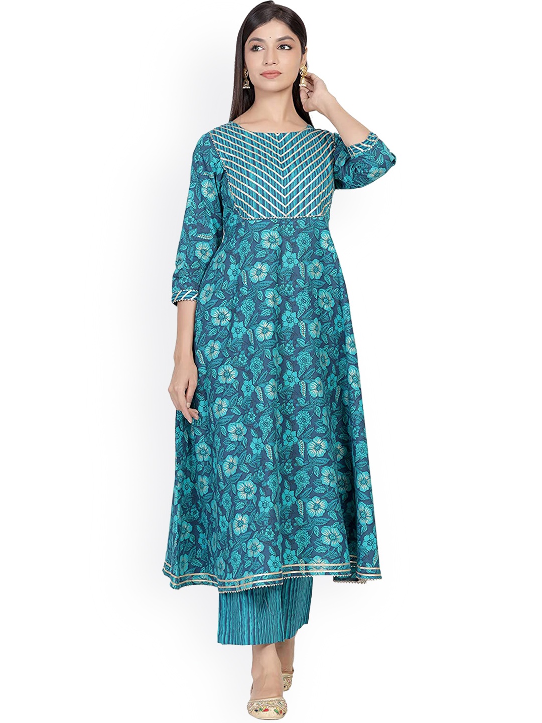 

ADEESHA Women Turquoise Blue Floral Printed Panelled Gotta Patti Kurti with Trousers