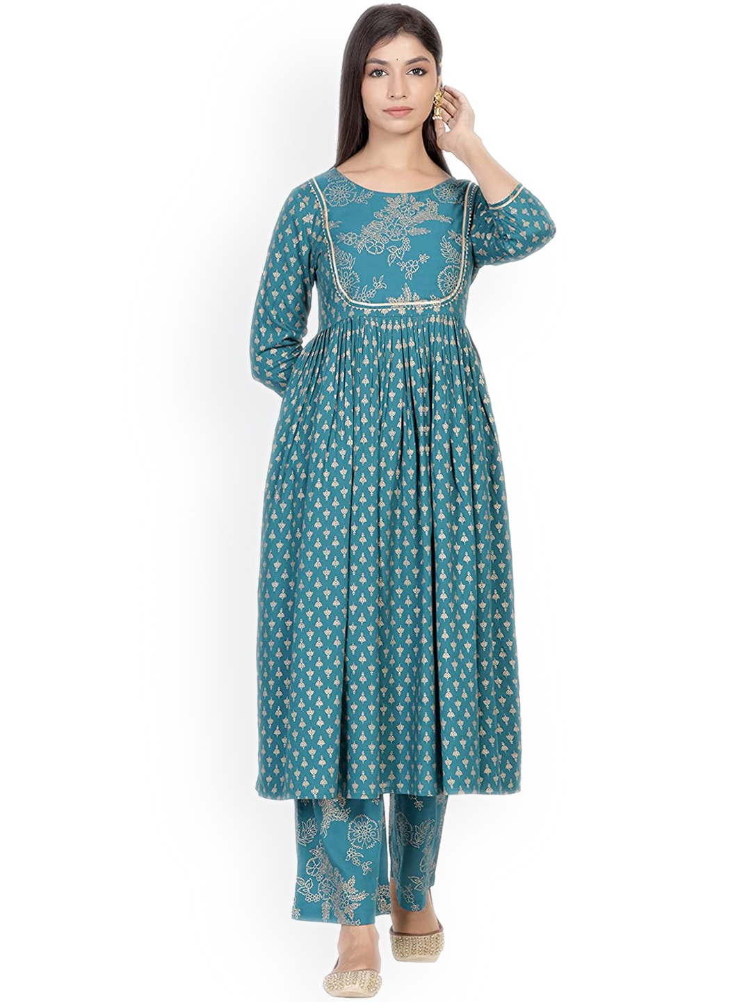 

ADEESHA Women Turquoise Blue Printed Empire Gotta Patti Kurti with Palazzos