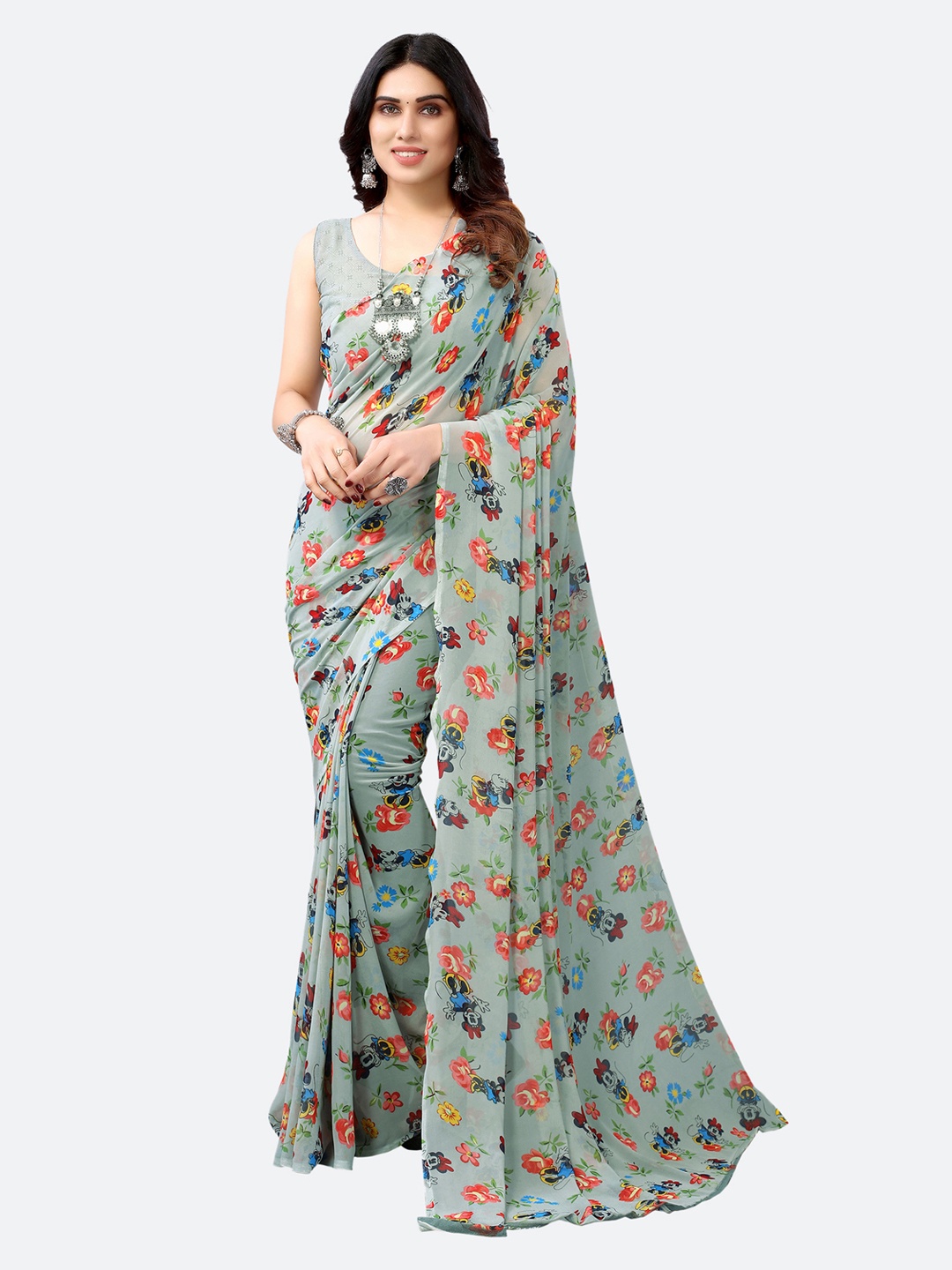 

KALINI Grey & Red Floral Saree